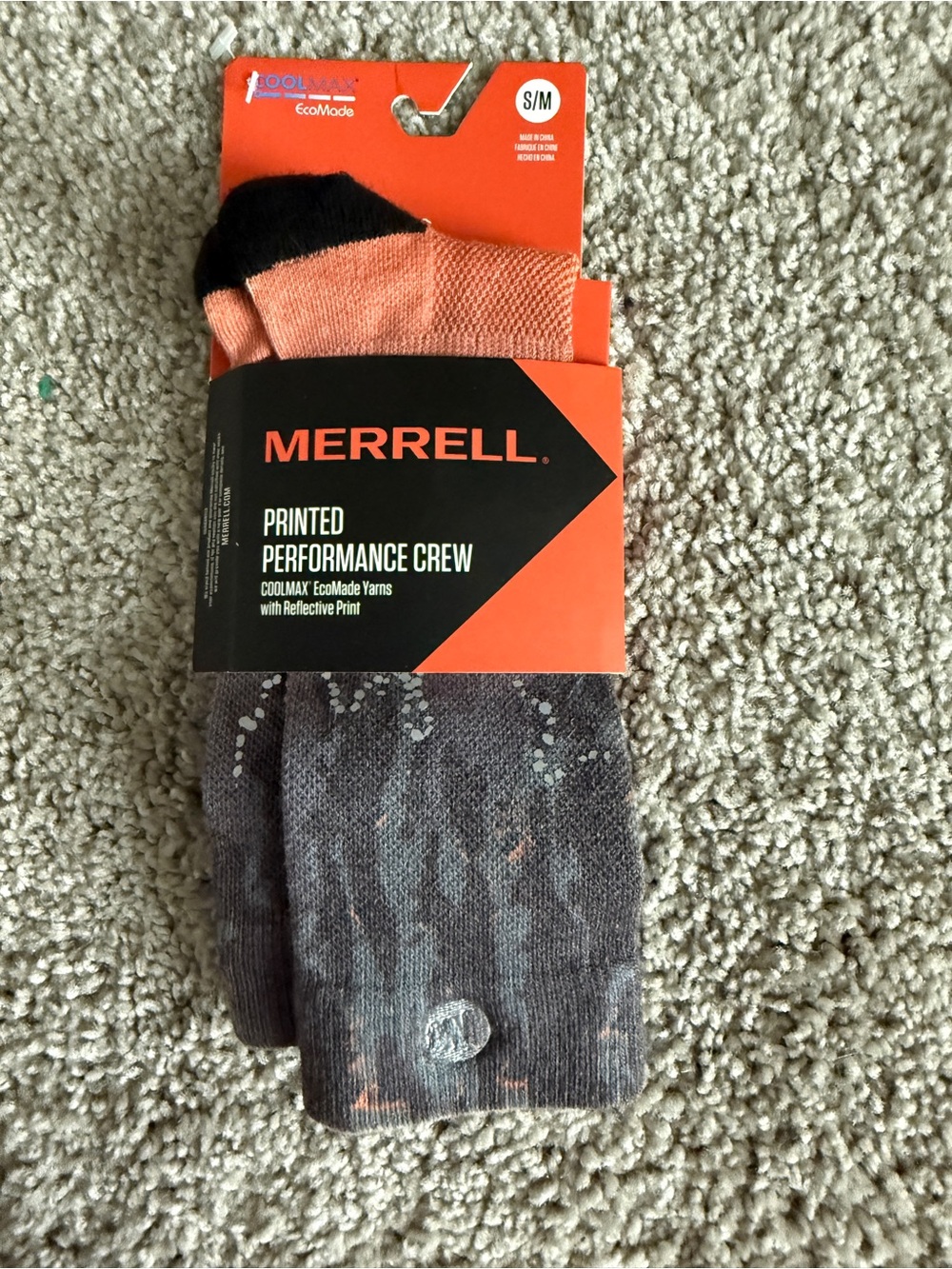 Merrell Performance Crew Socks in Black and Orange